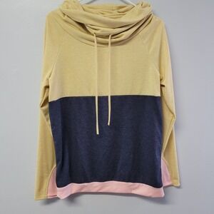 12PM by Mon Ami Cowl Neck Color Block Long Sleeve Top M Yellow Navy Pink